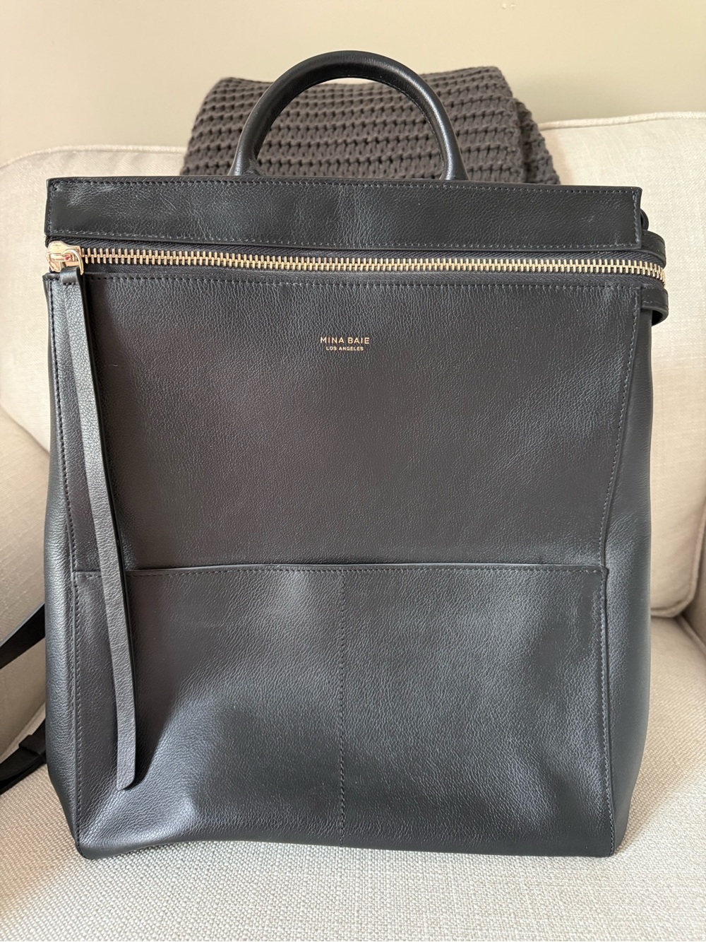 Mina Baie Black Leather Convertible Backpack Tote/Baby Bag